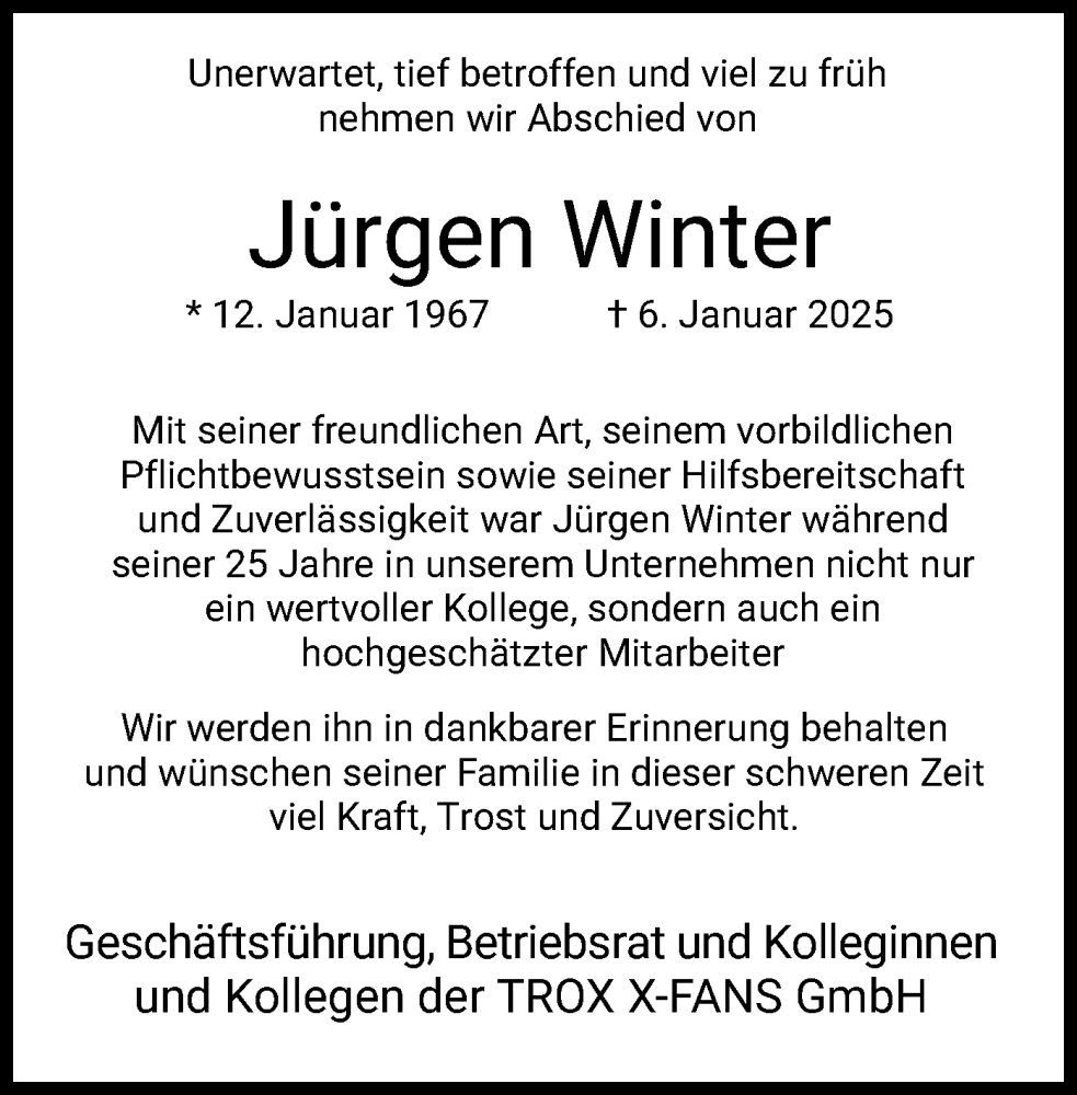  Traueranzeige für Jürgen Winter vom 01.02.2025 aus HZ