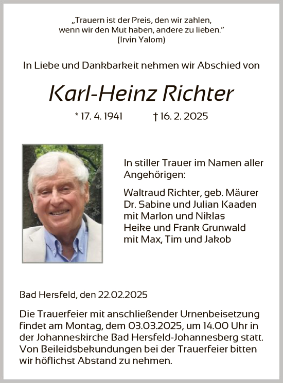 Traueranzeige von Karl-Heinz Richter von HZ