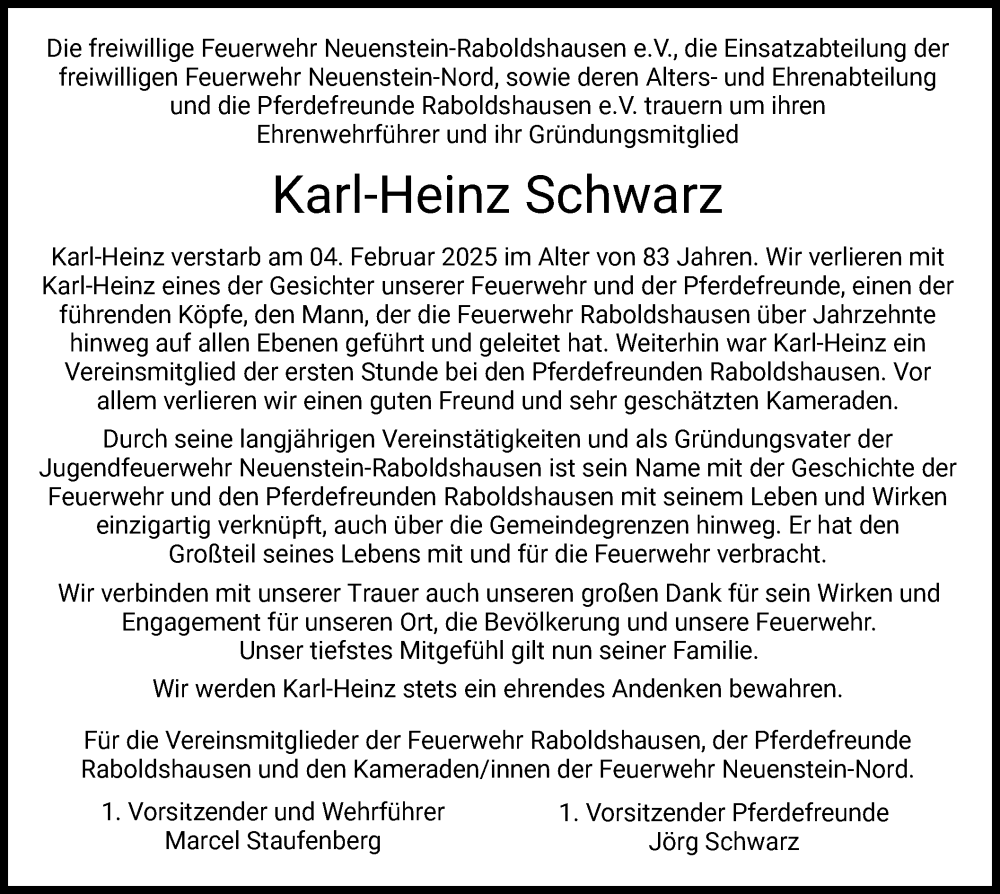  Traueranzeige für Karl-Heinz Schwarz vom 12.02.2025 aus HZ