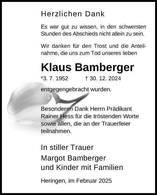 Traueranzeige von Klaus Bamberger von HZ