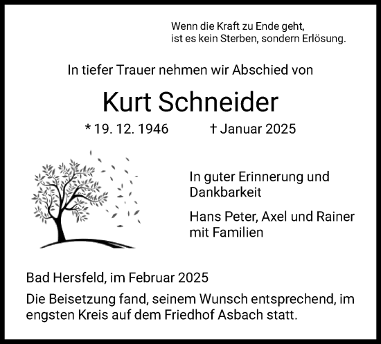 Traueranzeige von Kurt Schneider von HZHNA