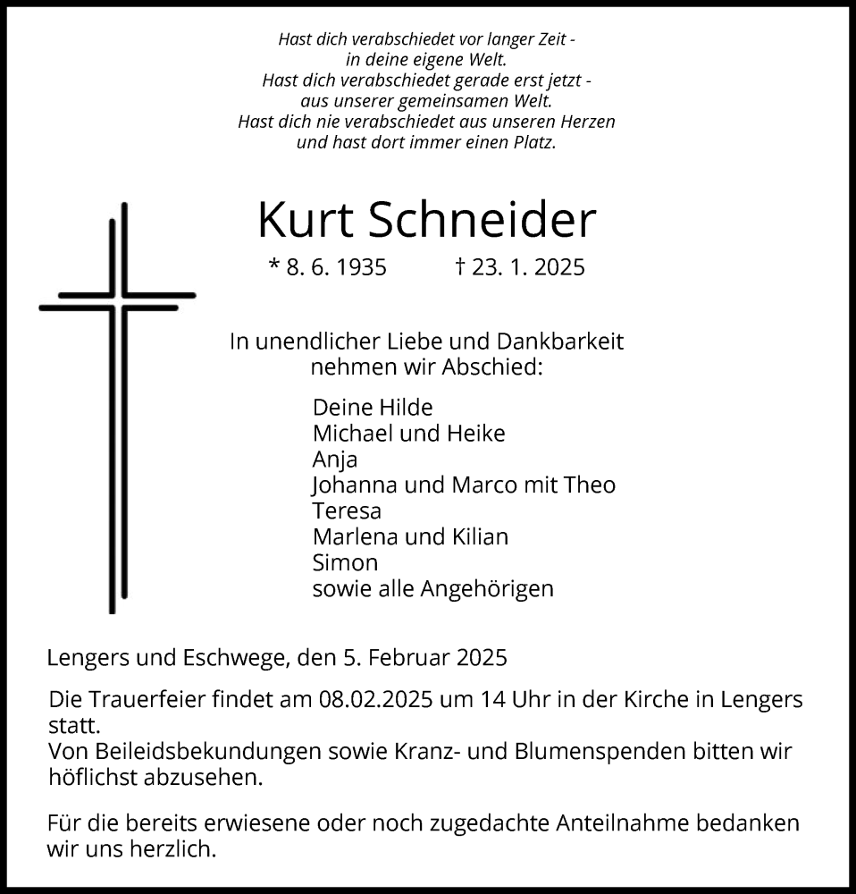  Traueranzeige für Kurt Schneider vom 05.02.2025 aus HZ