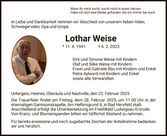 Traueranzeige von Lothar Weise von HZ