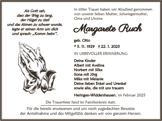 Traueranzeige von Margarete Ruch von HZHNA