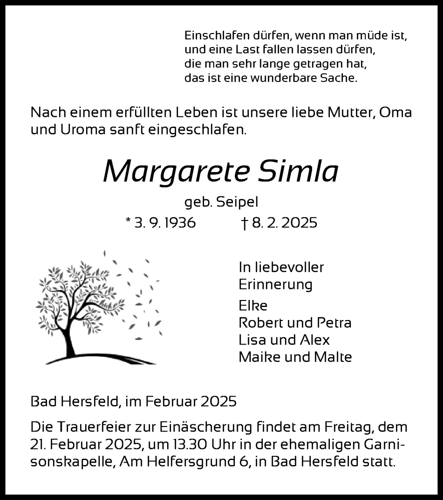  Traueranzeige für Margarete Simla vom 15.02.2025 aus HZHNA
