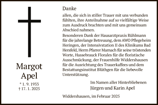 Traueranzeige von Margot Apel von HZ
