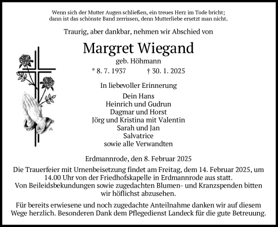 Traueranzeige von Margret Wiegand von HZ