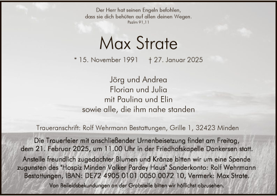 Traueranzeige von Max Strate von HZ