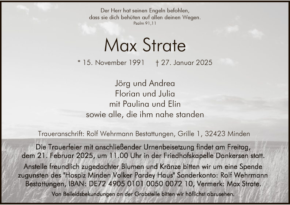  Traueranzeige für Max Strate vom 08.02.2025 aus HZ