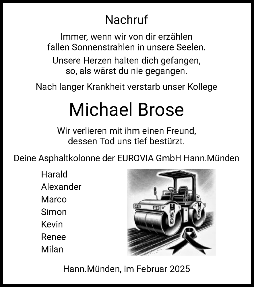  Traueranzeige für Michael Brose vom 05.02.2025 aus HZ