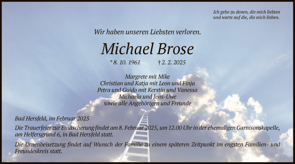  Traueranzeige für Michael Brose vom 05.02.2025 aus HZ