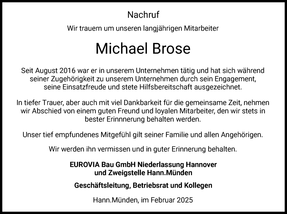  Traueranzeige für Michael Brose vom 05.02.2025 aus HZ