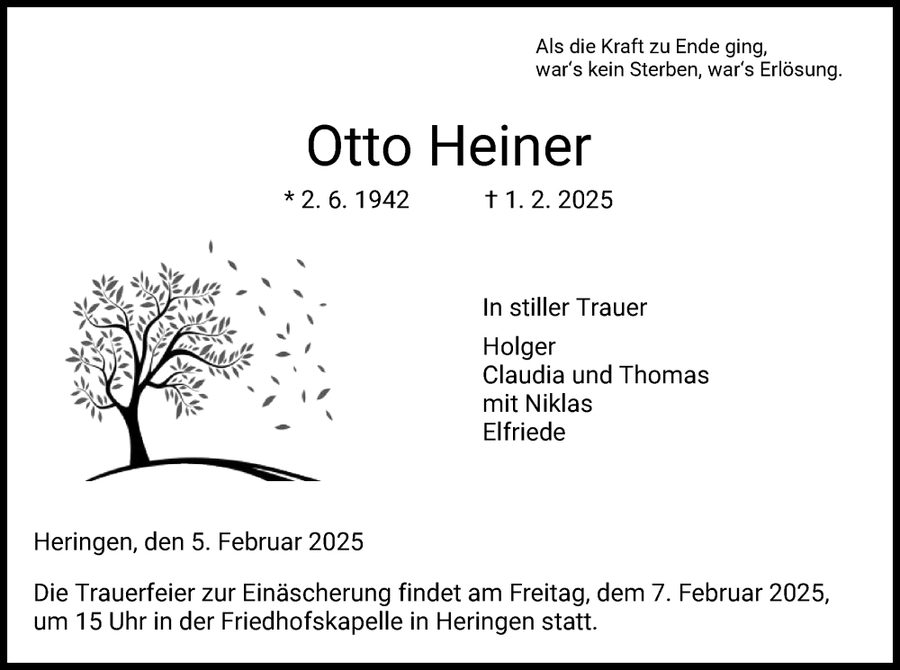  Traueranzeige für Otto Heiner vom 05.02.2025 aus HZ
