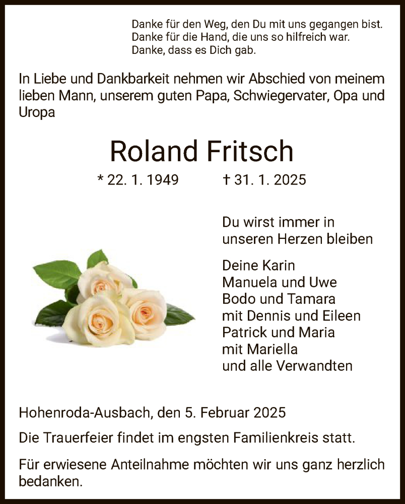  Traueranzeige für Roland Fritsch vom 05.02.2025 aus HZ