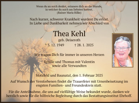 Traueranzeige von Thea Kehl von HZ