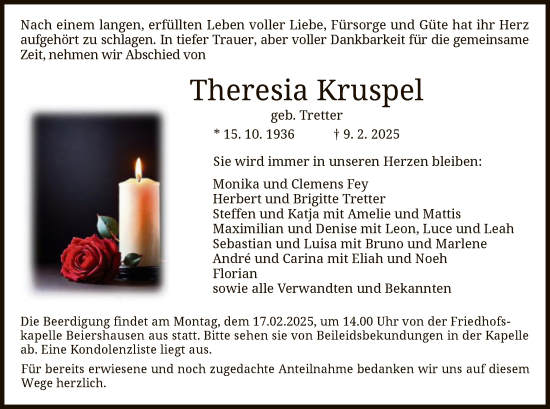Traueranzeige von Theresia Kruspel von HZ