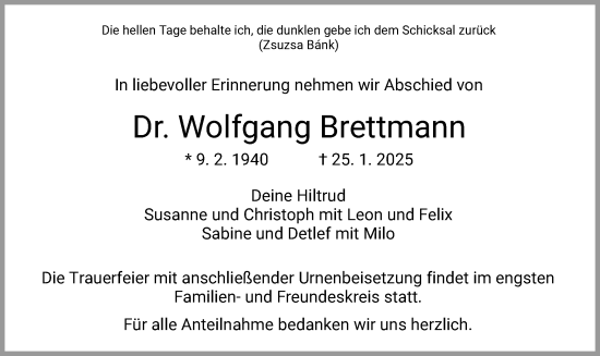 Traueranzeige von Wolfgang Brettmann von HZ