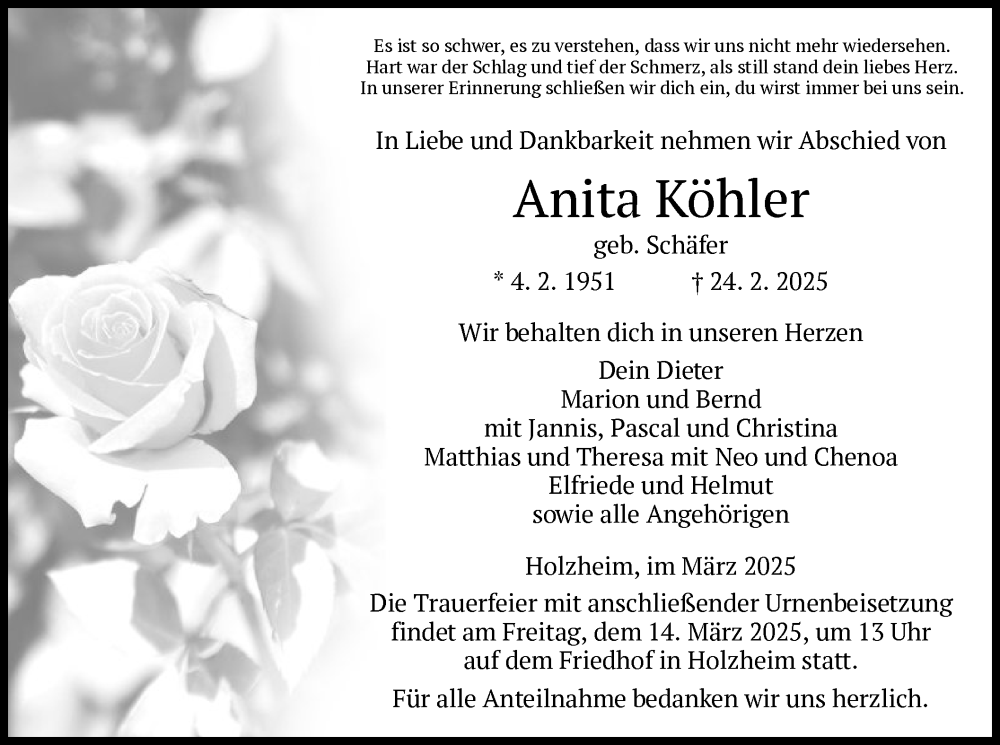  Traueranzeige für Anita Köhler vom 01.03.2025 aus HZ