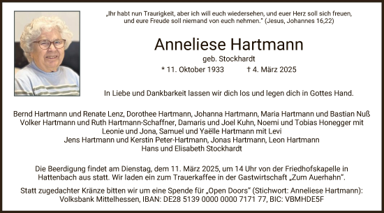 Traueranzeige von Anneliese Hartmann von HZ