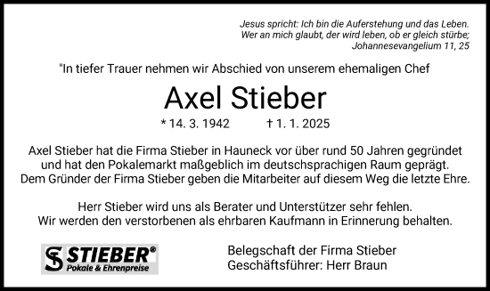 Traueranzeige von Axel Stieber von HZHNA