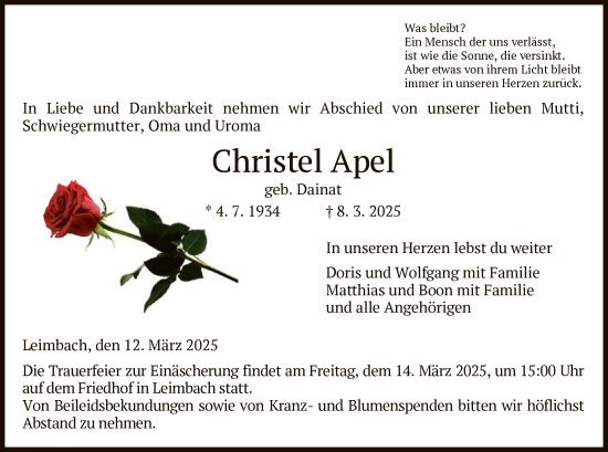 Traueranzeige von Christel Apel von HZ