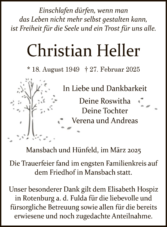 Traueranzeige von Christian Heller von HZ
