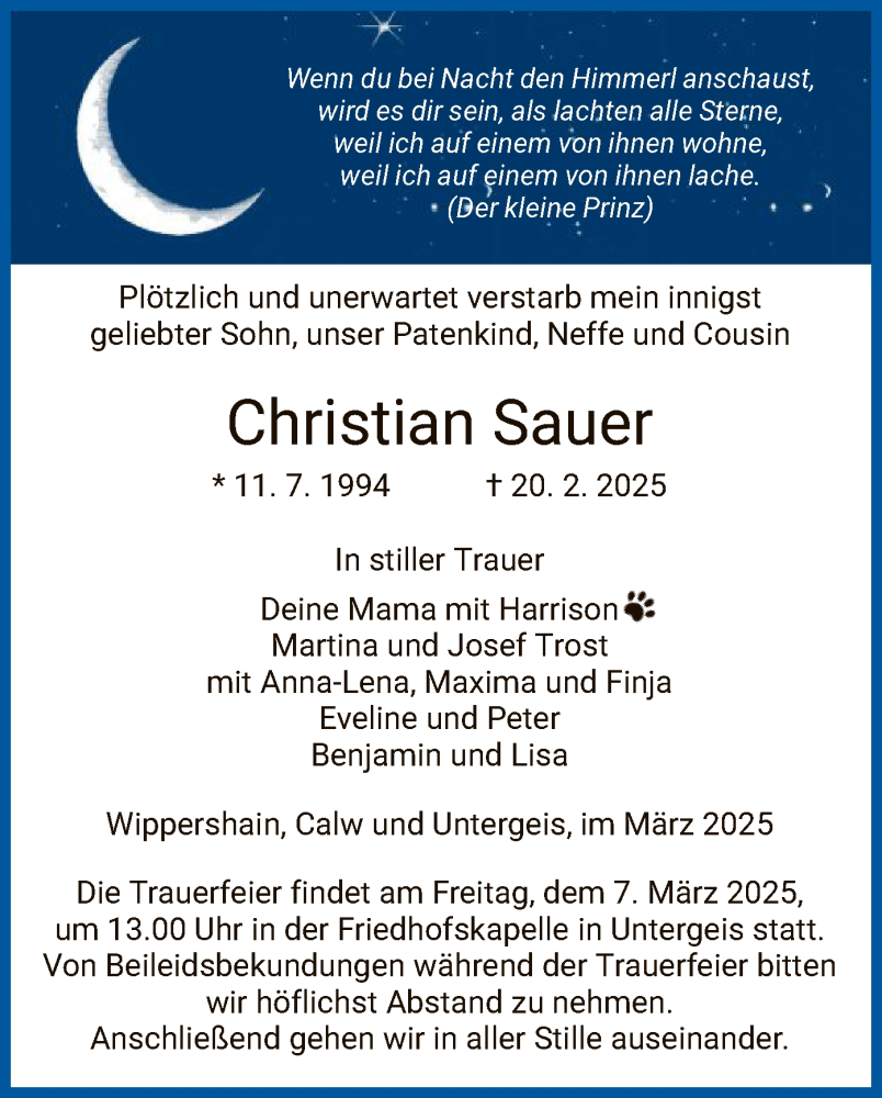  Traueranzeige für Christian Sauer vom 01.03.2025 aus HZ