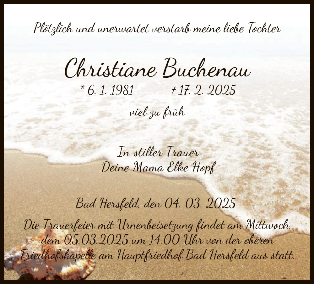  Traueranzeige für Christiane Buchenau vom 04.03.2025 aus HZ