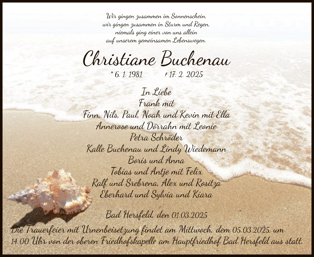  Traueranzeige für Christiane Buchenau vom 01.03.2025 aus HZ