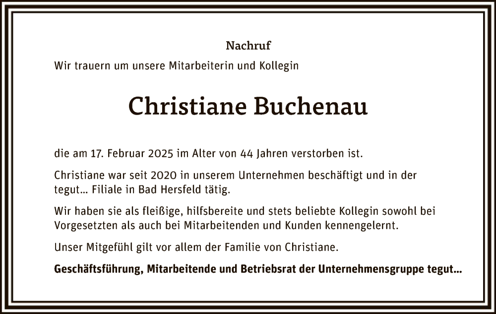  Traueranzeige für Christiane Buchenau vom 01.03.2025 aus HZ