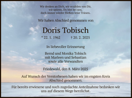 Traueranzeige von Doris Tobisch von HZ