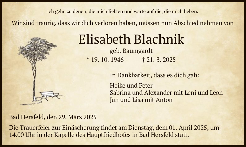  Traueranzeige für Elisabeth Blachnik vom 29.03.2025 aus HZ