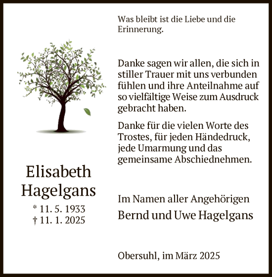 Traueranzeige von Elisabeth Hagelgans von HZHNA