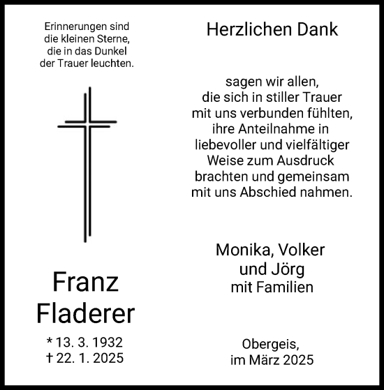 Traueranzeige von Franz Fladerer von HZ