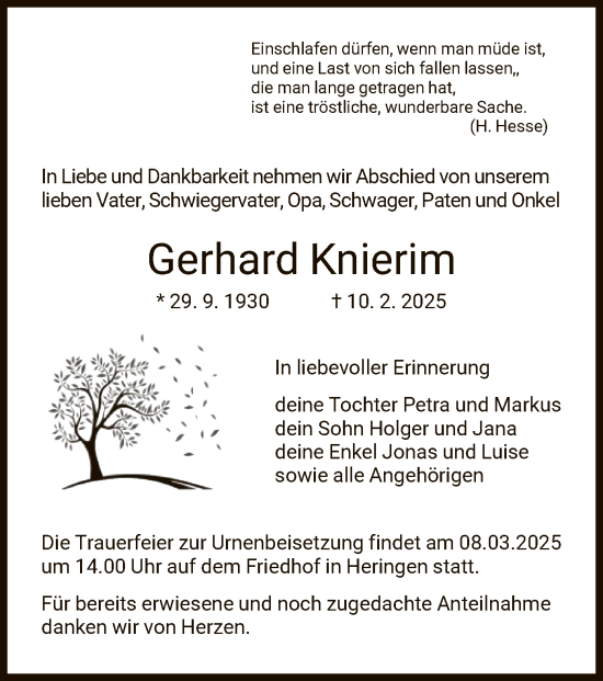 Traueranzeige von Gerhard Knierim von HZHNA