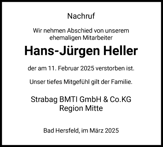 Traueranzeige von Hans-Jürgen Heller von HZ