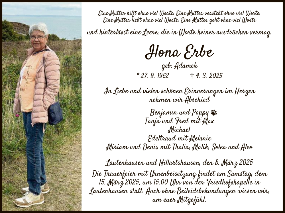  Traueranzeige für Ilona Erbe vom 08.03.2025 aus HZ