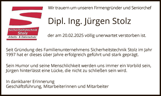 Traueranzeige von Jürgen Stolz von HZ