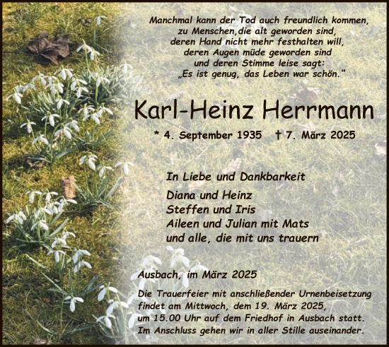 Traueranzeige von Karl-Heinz Herrmann von HZ