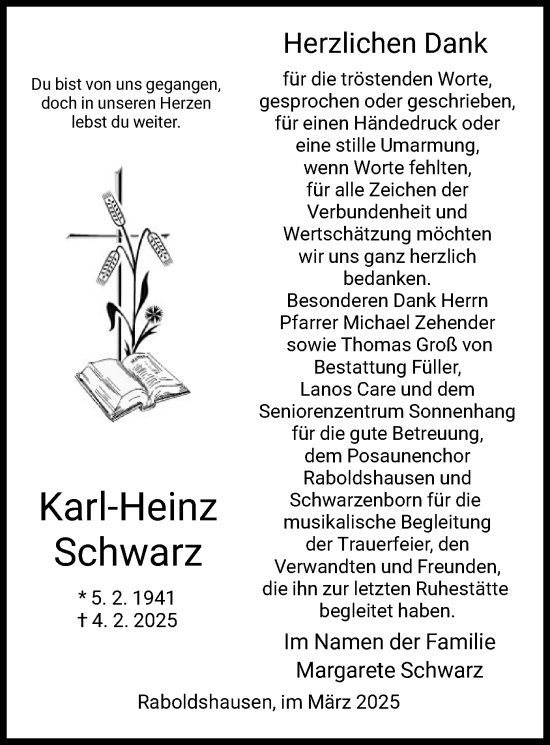 Traueranzeige von Karl-Heinz Schwarz von HZ