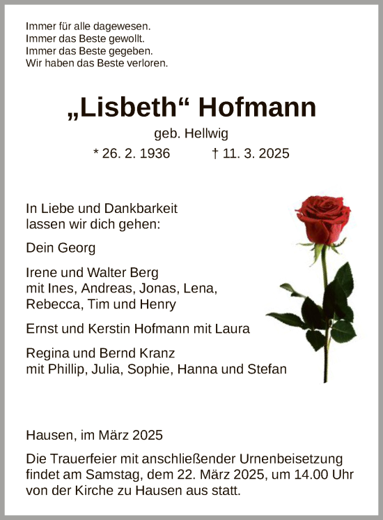 Traueranzeige von Lisbeth Hofmann von HZ