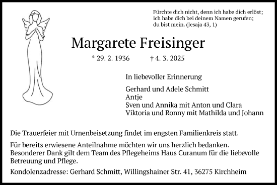 Traueranzeige von Margarete Freisinger von HZ