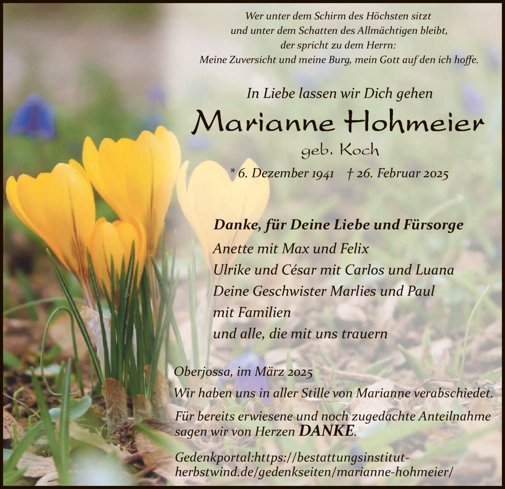  Traueranzeige für Marianne Hohmeier vom 08.03.2025 aus HZ