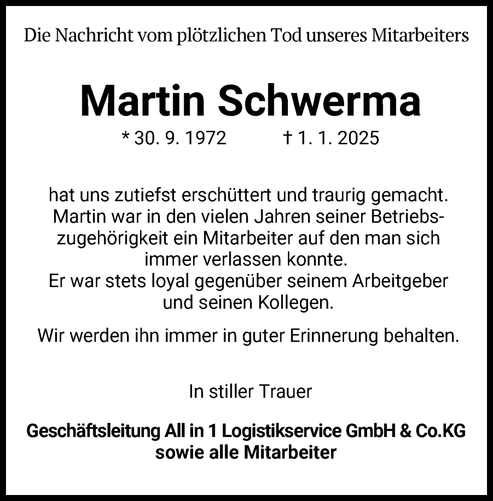  Traueranzeige für Martin Schwerma vom 01.03.2025 aus HZHNA