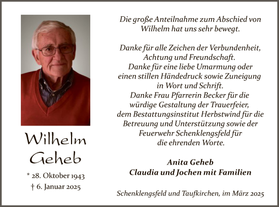 Traueranzeige von Wilhelm Geheb von HZ