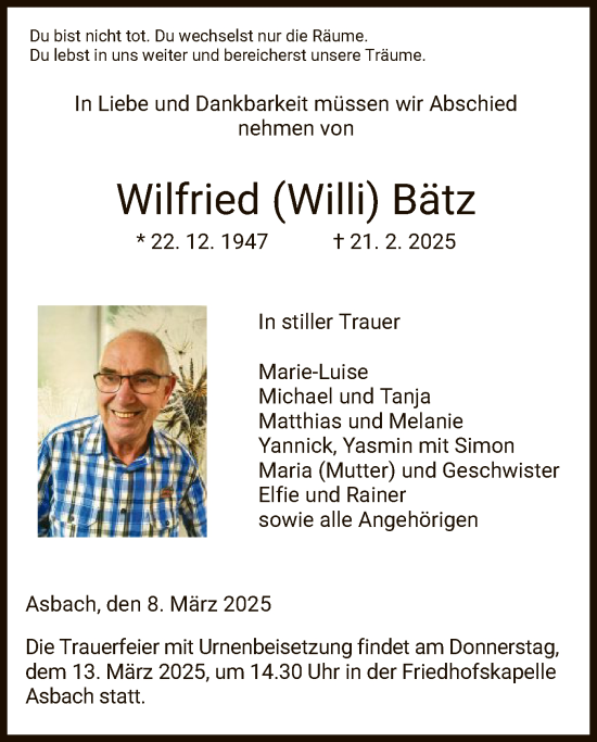 Traueranzeige von Willi Bätz von HZ