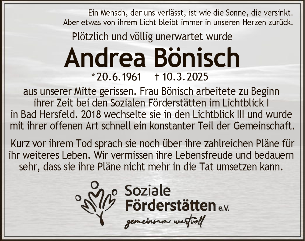  Traueranzeige für Andrea Bönisch vom 30.04.2025 aus HZ