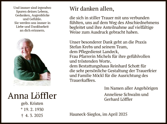 Traueranzeige von Anna Löffler von HZHNA