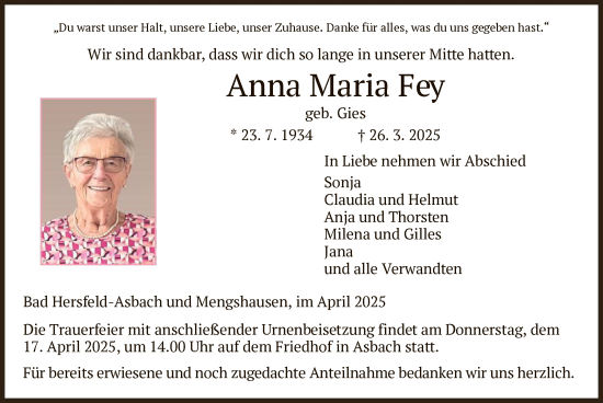 Traueranzeige von Anna Maria Fey von HZ
