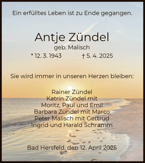Traueranzeige von Antje Zündel von HZ